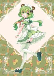 Rule 34 | 1girl, :3, animal ears, animare, apron, back bow, bear ears, black bow, black footwear, blue flower, blush, bow, breasts, commentary request, dress, floral background, flower, frilled dress, frills, full body, green background, green dress, green eyes, green hair, hair bow, highres, hinokuma ran, looking at viewer, maid, maid headdress, mary janes, medium bangs, nanashi inc., neckerchief, open mouth, orange flower, orange neckerchief, red flower, shoes, short hair with long locks, small breasts, smile, solo, thighhighs, underbutt, usaba (usabara c), virtual youtuber, waist bow, white apron, white bow, white thighhighs, yellow flower