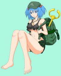 Rule 34 | 1girl, backpack, bad id, bad pixiv id, bag, bare shoulders, barefoot, between breasts, blue eyes, blue hair, breasts, cleavage, collarbone, covered erect nipples, crop top, crop top overhang, denim, denim shorts, feet, full body, green background, groin, hair bobbles, hair ornament, hat, jewelry, kawashiro nitori, key, key necklace, large breasts, looking at viewer, matching hair/eyes, midriff, moya-shi, moya;c, navel, necklace, open mouth, short hair, short shorts, shorts, simple background, solo, tank top, toes, touhou, twintails, two side up, underboob