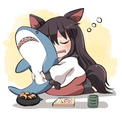Rule 34 | 1girl, animal ears, blush, brown hair, closed eyes, dress, drooling, food, hair between eyes, imaizumi kagerou, long hair, long sleeves, open mouth, red dress, rokugou daisuke, signature, sleeping, solo, squeans, stuffed animal, stuffed shark, stuffed toy, tail, touhou, wagashi, white dress, wolf ears, wolf tail