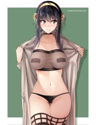 Rule 34 | 1girl, artist name, black choker, black hair, black panties, blush, breasts, choker, closed mouth, coat, covered erect nipples, cowboy shot, fishnet thighhighs, fishnets, flower, groin, gs (onsen syndicate), hair flower, hair ornament, hairband, highres, long sleeves, looking to the side, medium breasts, navel, open clothes, open coat, panties, pasties, red eyes, rose, see-through, sidelocks, solo, spy x family, strapless, tape, tape on nipples, thigh gap, thighhighs, trench coat, tube top, underwear, yor briar
