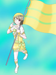 Rule 34 | 1girl, absurdres, artist name, artist request, bare legs, blush, boots, bow, breasts, brown hair, collarbone, crescent, crescent hair ornament, cross-laced clothes, cross-laced dress, diamond (love live!), dress, feathers, female focus, flag, frilled dress, frills, full body, green bow, green ribbon, grey hair, hair ornament, hat, hat feather, highres, holding, holding flag, inasaku75, inasaku yuza, light brown hair, looking at viewer, love live!, love live! nijigasaki high school idol club, love live! school idol festival, nakasu kasumi, one eye closed, parted lips, pointing, pointing at self, purple eyes, red eyes, ribbon, short hair, skirt, small breasts, smile, solo, star (symbol), star hair ornament, upper body, white feathers, white footwear, wrist cuffs, yellow bow, yellow dress, yellow hat, yellow ribbon, yellow skirt, yellow wrist cuffs
