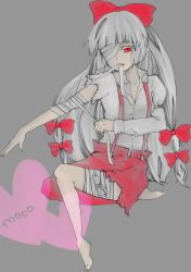 Rule 34 | 1girl, bandage over one eye, bandages, barefoot, female focus, fujiwara no mokou, full body, hair ribbon, heart, highres, long hair, mouth hold, outstretched arm, outstretched hand, puraisuresu, red eyes, ribbon, simple background, sitting, solo, suspenders, torn clothes, touhou