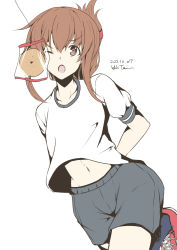 Rule 34 | 1girl, alternate costume, arms behind back, artist name, bread, bread eating race, brown eyes, brown hair, dated, flat chest, food, gym shorts, highres, inazuma (kancolle), kantai collection, midriff peek, navel, one eye closed, open mouth, shirt, shoes, short hair, short sleeves, shorts, sneakers, solo, taira yuuki, white background, white shirt