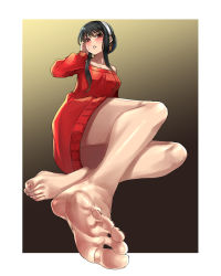 Rule 34 | 1girl, arms up, back, bare legs, black hair, black legwear, blush, border, breasts, crossed legs, dress, earrings, eiji (eiji), feet, foot focus, foreshortening, gold earrings, hairband, hand on own face, highres, jewelry, looking at viewer, red sweater, sitting, solo, spy x family, sweater, sweater dress, white border, white hairband, yor briar