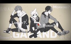 Rule 34 | 3boys, aoyagi touya, black pants, closed mouth, clothes around waist, commentary request, drawstring, english text, full body, garando (vocaloid), hand on own head, highres, holding, hood, hood down, hoodie, jacket, jacket around waist, jacket over hoodie, kagamine len, knee up, letterboxed, long sleeves, multicolored hair, multiple boys, open clothes, open jacket, pants, project sekai, shinonome akito, shoelaces, short hair, sitting, sleeves past elbows, streaked hair, teneko02, translation request, two-tone hair, vivid bad squad (project sekai), vivid bad squad len, vocaloid