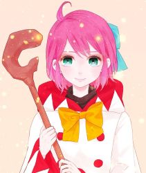 Rule 34 | 1girl, ahoge, bow, closed mouth, final fantasy, final fantasy fables, green eyes, hachiiro, looking at viewer, pink hair, ribbon, robe, shirma, short hair, simple background, smile, solo, staff, white mage (final fantasy)