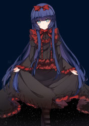 Rule 34 | + +, 1girl, absurdres, artist name, black dress, black souls, blue background, blue eyes, blue hair, bow, bow hairband, center frills, chinese commentary, closed mouth, clothes lift, cross, crossed legs, dress, dress lift, eyes visible through hair, frilled dress, frilled sleeves, frills, gothic lolita, hairband, highres, inverted cross, juliet sleeves, lifting own clothes, lolita fashion, long hair, long sleeves, looking at viewer, mabel (black souls), pantyhose, puffy sleeves, pupa jiang, red bow, red hairband, sidelocks, smile, solo, space, star (sky), striped clothes, striped legwear, striped pantyhose, very long hair, watson cross, wide sleeves