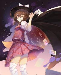 Rule 34 | 1girl, between fingers, black cape, black hat, bow, breasts, brown hair, cape, card, card between fingers, commentary request, falken (yutozin), fedora, feet out of frame, from below, hair between eyes, hat, hat bow, high collar, highres, holding, holding card, looking at viewer, low twintails, open mouth, pleated skirt, puffy short sleeves, puffy sleeves, purple skirt, purple vest, red-framed eyewear, semi-rimless eyewear, shirt, short hair, short sleeves, skirt, small breasts, smile, solo, standing, star (sky), thighhighs, thighs, touhou, twintails, under-rim eyewear, usami sumireko, vest, white bow, white shirt, white thighhighs, yellow eyes, zener card