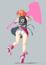 Rule 34 | 1girl, ass, automatic giraffe, bare shoulders, boots, clothes lift, dress, facing away, from behind, gloves, hammer, highres, nora valkyrie, orange hair, panties, red hair, ribbon, rwby, skirt, skirt lift, solo, underwear