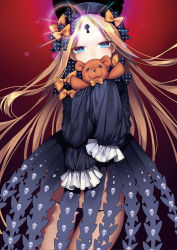 Rule 34 | 1girl, abigail williams (fate), abigail williams (second ascension) (fate), absurdres, bad id, bad pixiv id, black bow, black dress, black hat, black panties, blonde hair, blue eyes, bow, bug, butterfly, commentary, covered mouth, dress, fate/grand order, fate (series), glowing, hair bow, hat, highres, hugging object, insect, keyhole, long hair, long sleeves, looking at viewer, lowleg, lowleg panties, may (2747513627), orange bow, panties, parted bangs, print bow, red background, skull print, sleeves past fingers, sleeves past wrists, solo, star (symbol), star print, stuffed animal, stuffed toy, teddy bear, underwear, very long hair