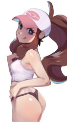 Rule 34 | 1girl, absurdres, ass, baseball cap, big hair, black panties, blue eyes, breasts, brown hair, creatures (company), game freak, hair through headwear, hat, high ponytail, highres, hilda (pokemon), licking lips, long hair, nintendo, no pants, panties, perky breasts, pokemon, pokemon bw, sho-n-d, sidelocks, small breasts, solo, standing, tank top, thighs, thong, tongue, tongue out, underwear, white background, white hat, white tank top