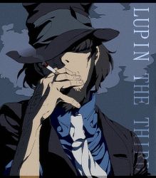 Rule 34 | 1boy, beard, black hair, character name, cigarette, english text, facial hair, formal, hair over eyes, hat, jigen daisuke, lupin iii, male focus, manly, messy hair, necktie, sideburns, smoke, smoking, solo, suit, text focus, tms entertainment, upper body, zyunya