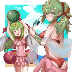 Rule 34 | 2girls, bikini, closed eyes, closed mouth, dragon wings, dragonstone, dual persona, fire emblem, fire emblem: mystery of the emblem, fire emblem awakening, fire emblem heroes, food, fruit, green eyes, green hair, hair ornament, highres, leon0630claude, long hair, looking at viewer, multiple girls, nintendo, one-piece swimsuit, open mouth, pink one-piece swimsuit, pointy ears, ponytail, red bikini, swimsuit, teeth, tiki (adult) (fire emblem), tiki (adult) (summer) (fire emblem), tiki (fire emblem), tiki (young) (fire emblem), upper teeth only, veil, watermelon, wings