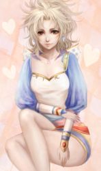 Rule 34 | 1990s (style), 1girl, bad id, bad pixiv id, blonde hair, brown eyes, crossed legs, earrings, female focus, final fantasy, final fantasy vi, gradient background, haruhito1211, highres, jewelry, lips, retro artstyle, sitting, smile, solo, tina branford