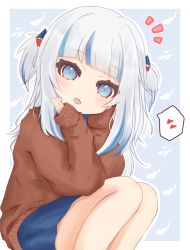 Rule 34 | 1girl, :d, blue background, blue eyes, blue hair, blue skirt, blush, brown sweater, commentary request, fang, feet out of frame, gawr gura, hair ornament, hands up, heart, highres, hololive, hololive english, long hair, long sleeves, looking at viewer, multicolored hair, notice lines, open mouth, outline, pleated skirt, ridy (ri sui), silver hair, skirt, sleeves past wrists, smile, solo, spoken heart, squatting, streaked hair, sweater, two-tone background, two side up, virtual youtuber, white background, white outline