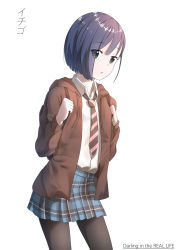 Rule 34 | 10s, 1girl, absurdres, asymmetrical hair, backpack, bag, black pantyhose, blue hair, blue skirt, brown jacket, casual, character name, copyright name, cowboy shot, darling in the franxx, eyes visible through hair, green eyes, highres, ichigo (darling in the franxx), jacket, miniskirt, necktie, open clothes, open jacket, pantyhose, parted lips, pleated skirt, shirt, short hair, simple background, skirt, solo, standing, striped necktie, striped neckwear, white background, white shirt, yuyu guantou (marky)