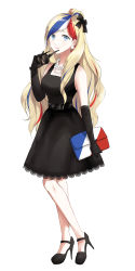 Rule 34 | 10s, 1girl, absurdres, alternate costume, arm at side, bag, belt, black-framed eyewear, black bow, black dress, blonde hair, blue eyes, blue hair, bow, breasts, closed mouth, commandant teste (kancolle), dress, earrings, elbow gloves, evening gown, unworn eyewear, flag print, french flag, full body, gloves, hair bow, hair bun, handbag, high heels, highres, holding, holding bag, holding removed eyewear, jewelry, kantai collection, lace, lace-trimmed dress, lace trim, lips, long hair, looking at viewer, medium breasts, morinaga miki, multicolored hair, necklace, no legwear, pearl necklace, red hair, simple background, single hair bun, smile, solo, standing, sunglasses, swept bangs, white background, white hair