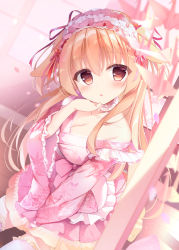 Rule 34 | 1girl, blonde hair, blush, bow, breasts, choker, cleavage, collarbone, dress, feet out of frame, frilled choker, frilled hairband, frilled kimono, frilled thighhighs, frills, hairband, highres, japanese clothes, kimono, lace trim, leaf print, long hair, looking at viewer, maple leaf print, medium breasts, off shoulder, on floor, origami, original, paper crane, parted lips, pink bow, pink kimono, pleated dress, shirosei mochi, shouji, sitting, sliding doors, solo, thighhighs, two side up, white thighhighs, wooden floor, yellow eyes