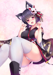 Rule 34 | 1girl, :d, animal ears, areola slip, azur lane, black hair, blush, breasts, c.r., cat ears, cat mask, fang, heart, heart-shaped pupils, highres, japanese clothes, kimono, large breasts, looking at viewer, mask, mask on head, obi, open mouth, panties, paw pose, red eyes, sash, short hair, short kimono, sideboob, skindentation, smile, solo, symbol-shaped pupils, thighhighs, underwear, white panties, white thighhighs, wide sleeves, yamashiro (azur lane)