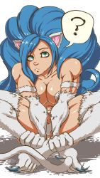 Rule 34 | 1girl, 2018, ?, animal ears, animal hands, biceps, big hair, blue eyes, blue hair, breasts, cat ears, cat girl, cat paws, cat tail, claws, closed mouth, collarbone, earthcrusher, felicia (vampire), fur, highres, large breasts, long hair, looking at viewer, monster girl, muscular, muscular female, shiny skin, solo, spread legs, tail, thighs, toned, transparent background, vampire (game), watermark, white fur