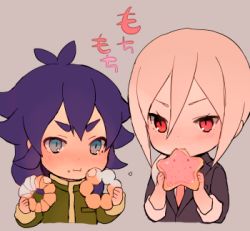 Rule 34 | 2boys, afuro terumi, aged up, blue eyes, blue hair, blush, chibi, eating, food, formal, inazuma eleven (series), inazuma eleven go, kishibe taiga, long hair, lowres, male focus, multicolored hair, multiple boys, necktie, ponytail, purple hair, red eyes, simple background, suit, tokio neo, two-tone hair, upper body