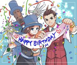 Rule 34 | 1boy, 1girl, ace attorney, antenna hair, apollo justice, aqua necktie, banner, belt pouch, black dress, blue cape, blue eyes, blue headwear, border, bow, bowtie, bracelet, brother and sister, brown eyes, brown hair, buttons, cape, collared shirt, confetti, cowboy shot, diamond button, dress, flower (symbol), forked eyebrows, formal, gloves, grin, half-siblings, happy birthday, hat, heart, highres, holding, holding banner, jewelry, lapels, looking at viewer, mr hat (ace attorney), necktie, outside border, pants, pocket, pouch, print cape, puppet, ragi (od6fine), red bow, red bowtie, red pants, red scarf, red suit, red vest, scarf, shirt, short hair, siblings, sleeves rolled up, smile, spade (shape), suit, top hat, trucy wright, vest, white border, white gloves, white shirt