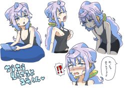 Rule 34 | 1boy, bare shoulders, blue eyes, blue hair, blush, closed eyes, gingnang69, hacka doll, hacka doll 3, highres, long hair, male focus, nipple slip, nipples, open mouth, shorts, solo, sweat, translation request, trap, white background