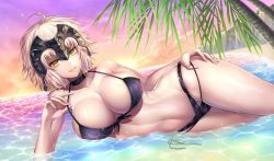 Rule 34 | absurdres, ahoge, bad id, bad twitter id, beach, bikini, black bikini, breasts, choker, cleavage, cliff, cloud, cloudy sky, collarbone, commentary request, dutch angle, fate/apocrypha, fate/grand order, fate (series), headpiece, highres, jeanne d&#039;arc (fate), jeanne d&#039;arc alter (avenger) (fate), jeanne d&#039;arc alter (fate), large breasts, lying, lying on water, nasaniliu, navel, on side, open mouth, outdoors, palm tree, short hair, silver hair, sky, swimsuit, tree, yellow eyes