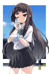 Rule 34 | 1girl, ;t, black hair, black skirt, blue scrunchie, bottle, bow, breasts, closed mouth, collared shirt, commentary request, day, dress shirt, green bow, hand up, highres, holding, holding bottle, kuranami shiki, long hair, natsuki teru, original, pleated skirt, polka dot, polka dot scrunchie, red eyes, scrunchie, shirt, short eyebrows, short sleeves, skirt, small breasts, solo, thick eyebrows, very long hair, water bottle, white shirt, wrist scrunchie