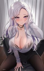 1boy 1girl artist_request belt blush bra bra_visible_through_clothes breasts girl_on_top heart heart-shaped_pupils huge_breasts large_breasts long_hair office_lady pantyhose pov purple_eyes skirt skydarc_(vtuber) smile sweat symbol-shaped_pupils underwear virtual_youtuber wet wet_clothes white_hair