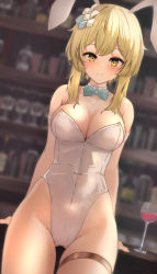 Rule 34 | 1girl, alternate costume, animal ears, arm support, bar (place), bare shoulders, blonde hair, blue bow, blue bowtie, blurry, blurry background, bow, bowtie, breasts, cleavage, closed mouth, col (xjxu5835), detached collar, drink, dutch angle, fake animal ears, flower, genshin impact, hair flower, hair ornament, large breasts, leaning back, leotard, looking at viewer, lumine (genshin impact), playboy bunny, rabbit ears, short hair with long locks, sidelocks, smile, solo, strapless, strapless leotard, thighlet, white leotard, yellow eyes