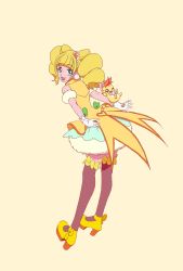 Rule 34 | 1girl, :d, ankle bow, ankle ribbon, aqua skirt, blonde hair, blunt bangs, bow, brown thighhighs, bubble skirt, cone hair bun, creature, cure sparkle, double bun, earrings, from behind, gloves, green eyes, hair bun, hair ornament, healin&#039; good precure, healing animal, heart, heart hair ornament, highres, hiramitsu hinata, jewelry, leg ribbon, looking at viewer, looking back, magical girl, nyatoran (precure), open mouth, pom pom (clothes), pom pom earrings, precure, ribbon, shoes, short hair, simple background, skirt, smile, strawberrylove2525, thighhighs, tiger, white gloves, yellow background, yellow bow, yellow footwear, yellow theme