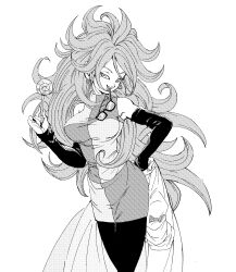 Rule 34 | 1girl, android 21, armpits, bare shoulders, black-framed eyewear, black nails, black pantyhose, black sleeves, breasts, candy, checkered clothes, checkered dress, clenched teeth, detached sleeves, dragon ball, dragon ball fighterz, dress, earrings, unworn eyewear, feet out of frame, fenyon, fingernails, food, glasses, greyscale, grin, hand on own hip, hand up, highres, holding, holding candy, holding food, holding lollipop, hoop earrings, jewelry, lab coat, large breasts, lollipop, long hair, long sleeves, looking at viewer, monochrome, mouth hold, pantyhose, parted bangs, short dress, simple background, sleeveless, sleeveless dress, smile, solo, teeth, teeth hold, thigh gap, tsurime, turtleneck, turtleneck dress, very long hair, wavy hair, white background