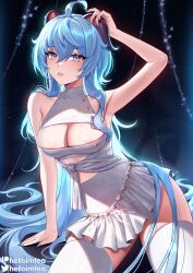 Rule 34 | 1girl, absurdres, ahoge, areola slip, arm support, bare shoulders, blue hair, blush, breasts, cleavage, cleavage cutout, clothing cutout, ganyu (genshin impact), genshin impact, halterneck, helloimtea, highres, horn grab, horns, long hair, looking at viewer, medium breasts, parted lips, purple eyes, sidelocks, sitting, skirt, solo, thighhighs, twitter logo, white skirt, white thighhighs