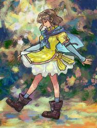 Rule 34 | 1girl, blue capelet, blue sleeves, blue socks, boots, brown footwear, brown hair, capelet, closed eyes, closed mouth, commentary, fire emblem, fire emblem: radiant dawn, highres, kusoporch, medium hair, mist (fire emblem), multicolored background, nintendo, pink trim, skirt, socks, solo, standing, standing on one leg, symbol-only commentary, traditional media, white skirt