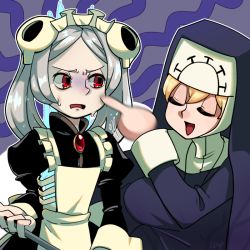 Rule 34 | 184nx, 1koma, 2girls, blonde hair, bloody marie (skullgirls), blue background, brooch, comic, cross, cross necklace, dotted background, double (skullgirls), dress, exposed bone, closed eyes, fire, frown, grey hair, habit, hair ornament, jewelry, multiple girls, necklace, nun, open mouth, poking, red eyes, ribs, skull hair ornament, skullgirls, sweatdrop, twintails, vacuum cleaner