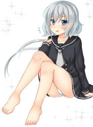 Rule 34 | 10s, 1girl, arm support, barefoot, black dress, black sailor collar, blue eyes, blush, collarbone, commentary request, dress, feet, fingernails, flying sweatdrops, grey neckerchief, hair between eyes, hanazome dotera, hand up, konno junko, legs, long hair, long sleeves, looking at viewer, low twintails, neckerchief, panties, parted lips, sailor collar, sailor dress, silver hair, simple background, sitting, sleeves past wrists, solo, sparkle, toenails, toes, twintails, underwear, very long hair, white background, white panties, zombie land saga