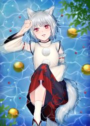 Rule 34 | 1girl, afloat, animal ears, bubble, detached sleeves, food, fruit, highres, inubashiri momiji, long sleeves, looking up, no headwear, open mouth, orange (fruit), pom pom (clothes), red eyes, sandals, sayama (chiwan0830), shirt, short hair, silver hair, skirt, socks, solo, sparkle, tail, touhou, turtleneck, water, white socks, wide sleeves, wolf ears, wolf tail
