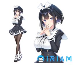 Rule 34 | 1girl, black hair, blue eyes, blush, bow, bowtie, breasts, buttons, commentary, detached sleeves, dress, fingernails, full body, hair bow, hairband, hands up, highres, interlocked fingers, iriam, large breasts, long sleeves, looking at viewer, multiple girls, multiple views, nakamine lily, own hands together, pantyhose, parted lips, re:shimashima, shiny clothes, shoes, short dress, short hair, simple background, smile, standing, virtual youtuber, white background