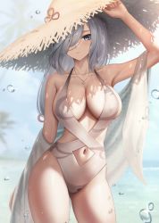 Rule 34 | 1girl, arm up, armpits, bare shoulders, blue eyes, breasts, brown hat, cleavage, closed mouth, clothing cutout, collarbone, cowboy shot, day, genshin impact, hair over one eye, halterneck, hat, highleg, highleg swimsuit, highres, jewelry, large breasts, long hair, looking at viewer, marinesnow, navel, navel cutout, necklace, non-web source, one-piece swimsuit, outdoors, shenhe (genshin impact), solo, standing, straw hat, swimsuit, thighs, white hair, white one-piece swimsuit