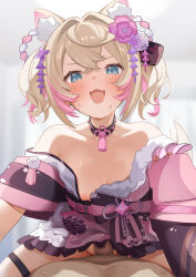 Rule 34 | 1boy, 1girl, :d, animal ear fluff, animal ears, aqua eyes, arou (arrow x666), bare shoulders, blonde hair, blush, breasts, censored, commentary, dog ears, dog girl, fang, flower, girl on top, hair flower, hair ornament, highres, hololive, hololive english, japanese clothes, kimono, mococo abyssgard, mosaic censoring, multicolored hair, open mouth, penis, pink flower, pink hair, pink kimono, skin fang, small breasts, smile, sweat, two-tone hair, virtual youtuber, white flower