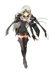 Rule 34 | 1girl, black thighhighs, boots, code: nemesis (elsword), crossed legs, elsword, eve (elsword), expressionless, facial mark, forehead mark, full body, gem, gloves, highres, long hair, mecha musume, no nose, official art, raven cronwell, ress, skirt, solo, standing, thigh boots, thighhighs, watson cross, white background, white hair, yellow eyes