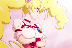 Rule 34 | 1girl, arms under breasts, blonde hair, breast hold, breasts, choker, collarbone, crossed arms, cure peach, earrings, fresh precure!, fuchi (nightmare), hair ornament, heart, heart earrings, heart hair ornament, jewelry, large breasts, long hair, magical girl, momozono love, pink choker, precure, puffy short sleeves, puffy sleeves, red eyes, short sleeves, smile, solo, twintails, upper body