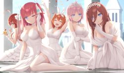 Rule 34 | 5girls, :d, ;(, ^ ^, ahoge, arms up, bare shoulders, blue eyes, blunt bangs, blush, bracelet, breasts, bride, brown hair, butterfly hair ornament, cake, cleavage, closed eyes, closed mouth, collarbone, commentary request, detached sleeves, dress, eating, elbow gloves, eyes visible through hair, female focus, finger to face, food, full body, garter straps, gloves, go-toubun no hanayome, goribote, hair between eyes, hair ornament, hair over one eye, hair ribbon, hand up, harem, holding, holding plate, holding spoon, jewelry, kneeling, large breasts, layered dress, long hair, looking at viewer, medium hair, multiple girls, nakano ichika, nakano itsuki, nakano miku, nakano nino, nakano yotsuba, necklace, no shoes, o/, open mouth, orange hair, outstretched arms, pink hair, plate, polygamy, quintuplets, red hair, ribbon, scarf, short hair, siblings, side slit, sidelocks, sisters, sitting, sleeveless, sleeveless dress, smile, spoon, star (symbol), star hair ornament, strapless, strapless dress, strawberry shortcake, sweat, thighhighs, tiara, two side up, utensil in mouth, wariza, wedding dress, white gloves, white legwear, white ribbon, white scarf, white sleeves, wrist cuffs, yokozuwari