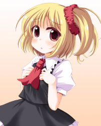 Rule 34 | 1girl, :o, alternate hairstyle, ascot, blonde hair, blush, daijoubu? oppai momu?, flat chest, hands on own chest, kinagi yuu, looking at viewer, red eyes, rumia, sad, scrunchie, side ponytail, skirt, skirt set, solo, touhou, vest