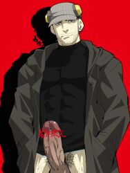 Rule 34 | 1boy, bara, baseball cap, bottomless, censored, censored by text, coat, come hither, covered abs, cowboy shot, erection, facial hair, girthy penis, grey hair, hands in pockets, hat, headphones, highres, iwai munehisa, large pectorals, long sideburns, looking at viewer, male focus, male pubic hair, muscular, muscular male, pectorals, penis, persona, persona 5, presenting penis, pubic hair, shirako (kirupi), shirt, short hair, sideburns, solo, standing, stubble, tight clothes, tight shirt, tsurime