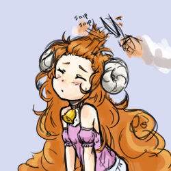 Rule 34 | 1girl, bare shoulders, bell, big hair, blush, closed eyes, collar, cutting hair, detached sleeves, flat chest, horns, imageboard colors, monster girl, neck bell, orange hair, pas (paxiti), scissors, sheep girl, sheep horns, short sleeves, simple background