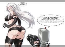 Rule 34 | 1girl, ass, blue eyes, blush, breasts, camera, devil-v, highres, large breasts, long hair, looking back, nier (series), nier:automata, pod (nier:automata), silver hair, simple background, thighs, wide hips, a2 (nier:automata)
