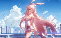 Rule 34 | 1girl, animal ears, bad id, bad pixiv id, bare arms, bare shoulders, belt, belt pouch, blue eyes, blue sky, breasts, building, choker, city, cityscape, cleavage, closed mouth, cloud, cloudy sky, collarbone, commentary request, cowboy shot, criss-cross halter, day, dress, feathers, fishnet thighhighs, fishnets, floating hair, frilled dress, frills, hair between eyes, halterneck, hat, honkai (series), honkai impact 3rd, lake, large breasts, long hair, looking at viewer, medium breasts, outdoors, pink hair, pouch, rabbit ears, sailor hat, sky, skyscraper, sleeveless, sleeveless dress, solo, sougishi ego, standing, thighhighs, very long hair, water, white dress, yae sakura, yae sakura (gyakushinn miko)