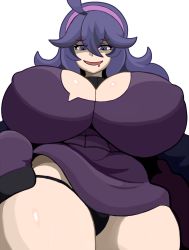 Rule 34 | 1girl, @ @, absurdres, ahoge, black panties, breasts, cleavage, clothes lift, covered erect nipples, cowboy shot, creatures (company), dress, dress lift, drooling, from below, game freak, gothic taco, hair between eyes, hairband, hex maniac (pokemon), highres, huge breasts, impossible clothes, long hair, long sleeves, looking down, matching hair/eyes, messy hair, nintendo, open mouth, panties, pokemon, pokemon xy, purple dress, purple eyes, purple hair, simple background, sleeves past wrists, smile, solo, thick thighs, thighs, turtleneck, underwear, white background